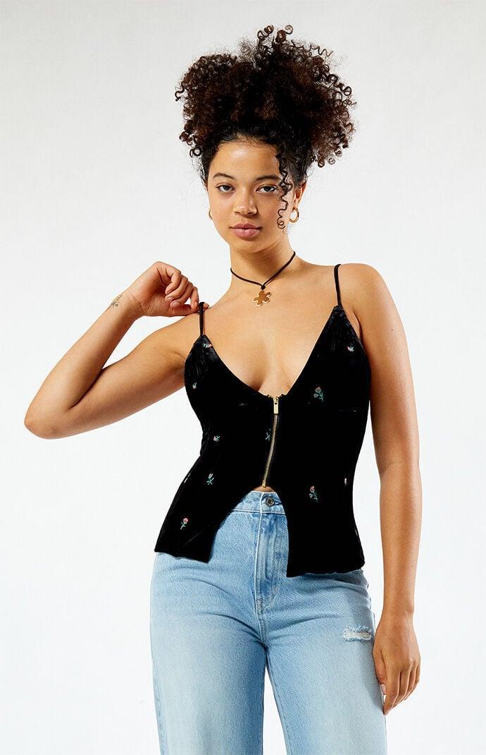 WeWoreWhat Embroidered Velvet Peplum Corset in Black.0, 2, 4, 6. Product Image