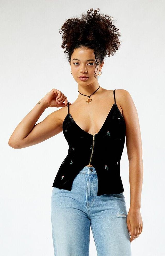 WeWoreWhat Embroidered Velvet Peplum Corset in Black. Product Image