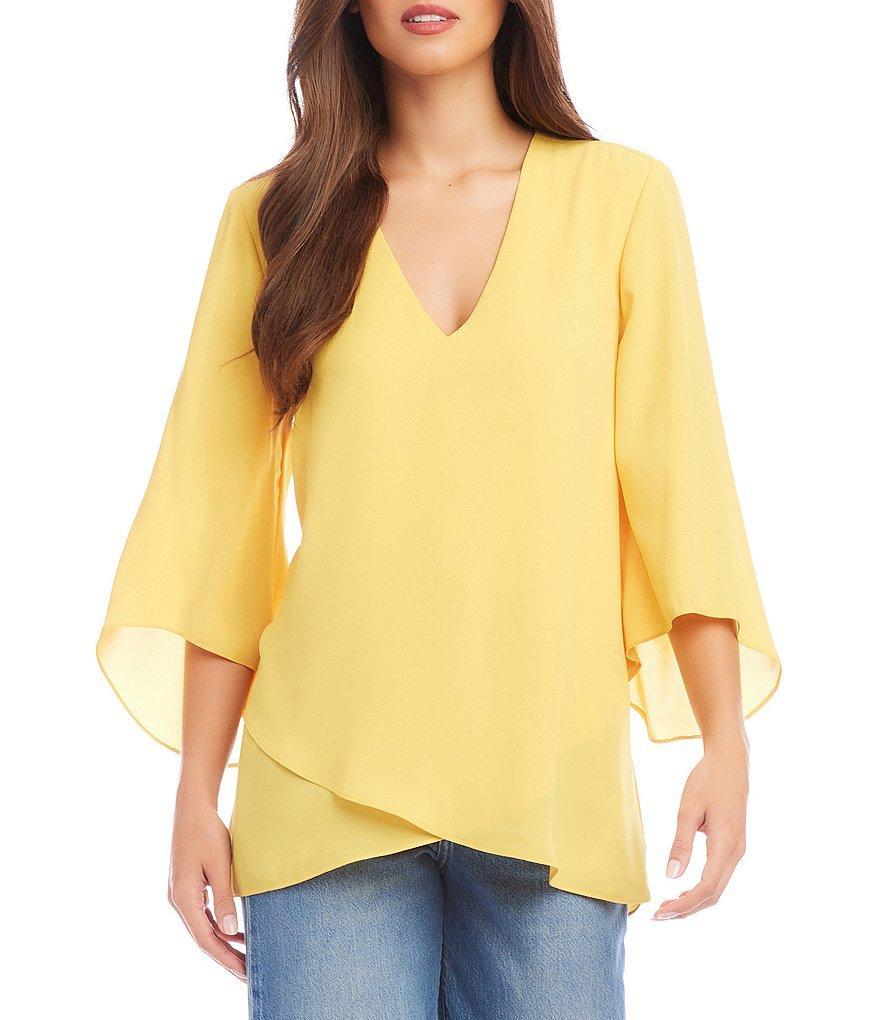 Karen Kane Petite Size V-Neck 3/4 Sleeve Crossover Hem Silky Crepe Top Product Image