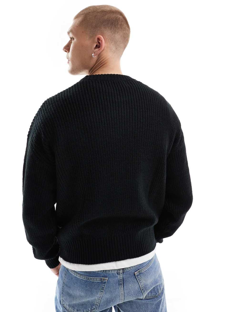 Bershka fisherman ribbed sweater in black Product Image