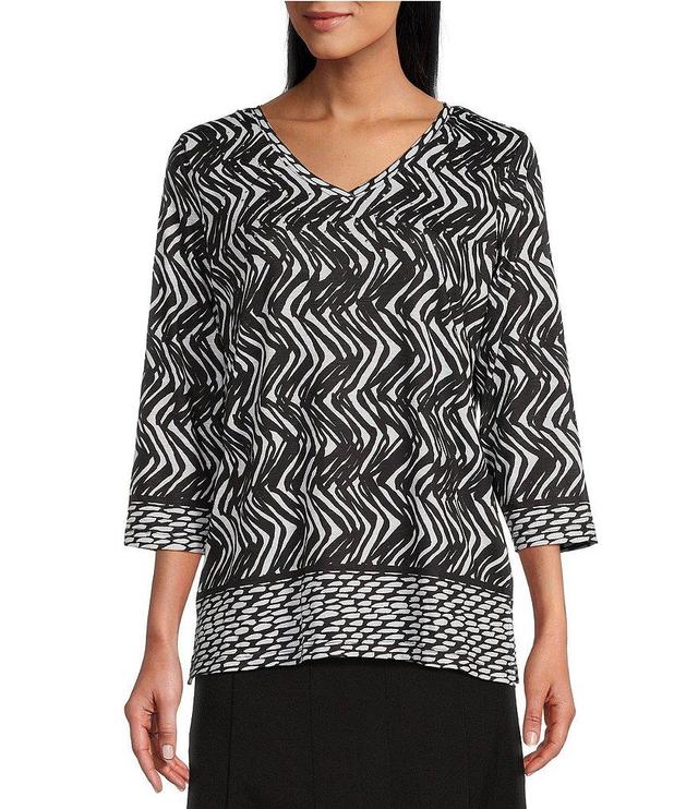 Allison Daley Embellished Border Print 3/4 Sleeve V-Neck Knit Top Product Image