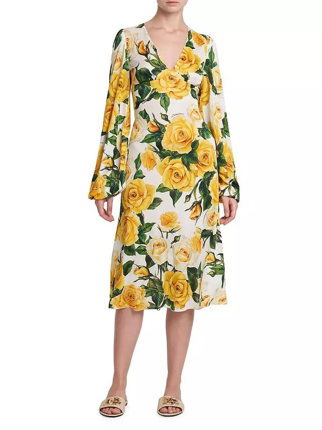 Rose Print V-Neck Midi-Dress Product Image