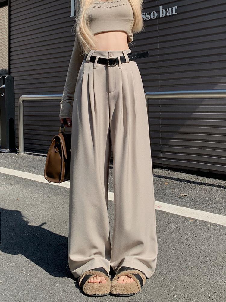 High Rise Plain Wide Leg Slacks Product Image