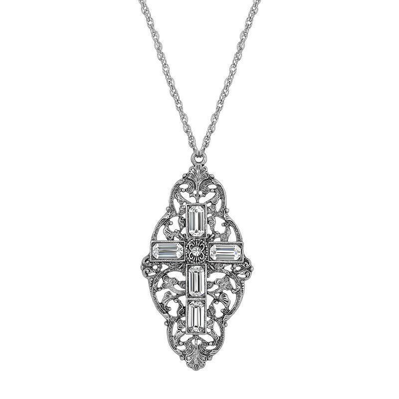 Symbols of Faith Silver Tone Filigree Simulated Crystal Cross Necklace, Womens Product Image