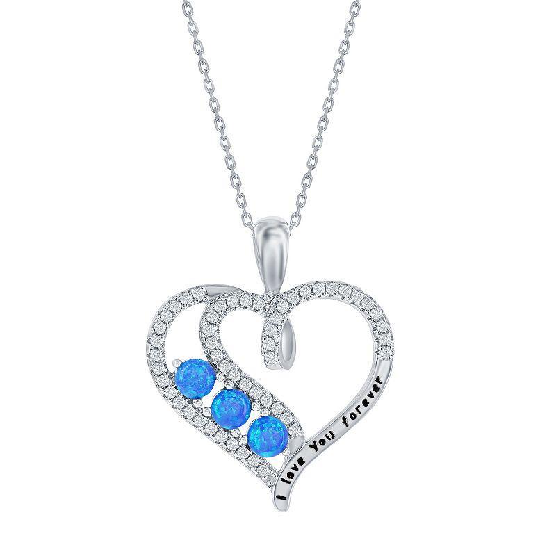 Sterling Silver Cubic Zirconia & Opal Heart I Love You Forever Pendant Necklace, Womens Blue Product Image