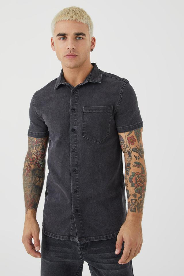 Short Sleeve Muscle Fit Denim Shirt | boohooMAN USA Product Image