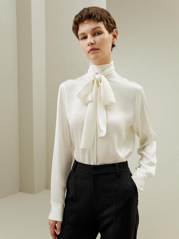 Silk Turtleneck Ribbon Blouse Product Image