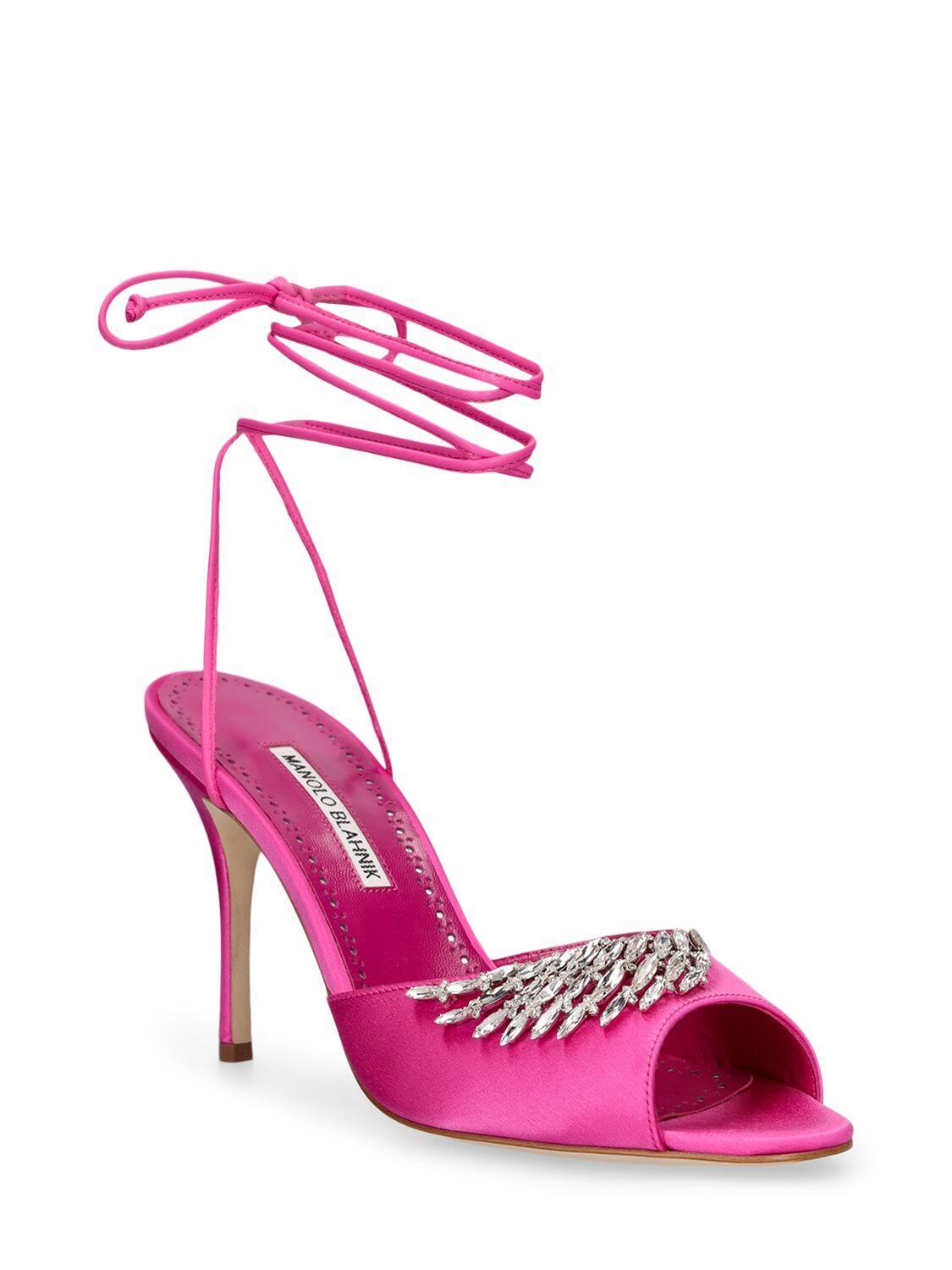 MANOLO BLAHNIK 90mm Plumena Satin Sandals In Fuchsia Product Image