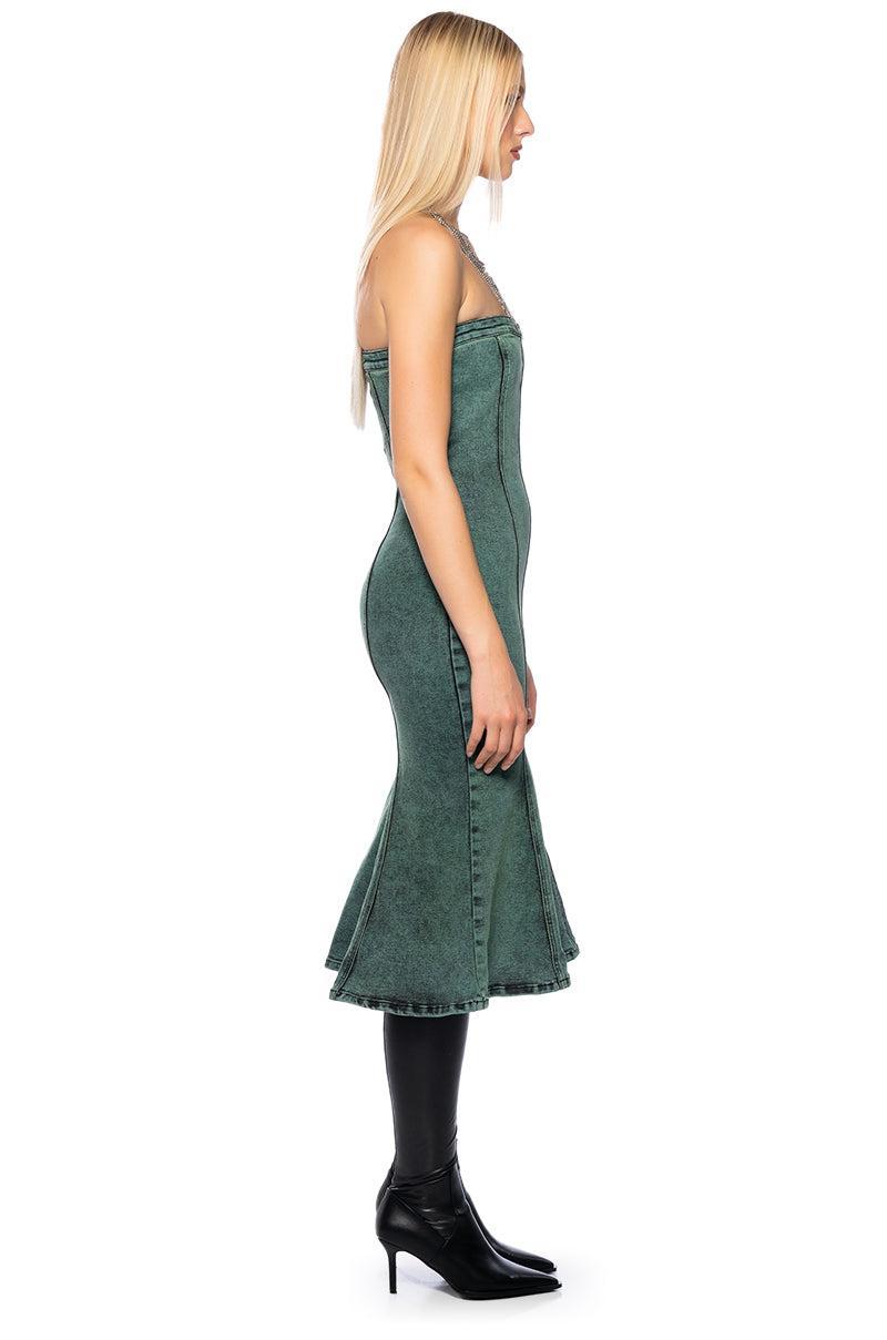 SEEING GREEN STRAPLESS WASHED DENIM MIDI DRESS Product Image