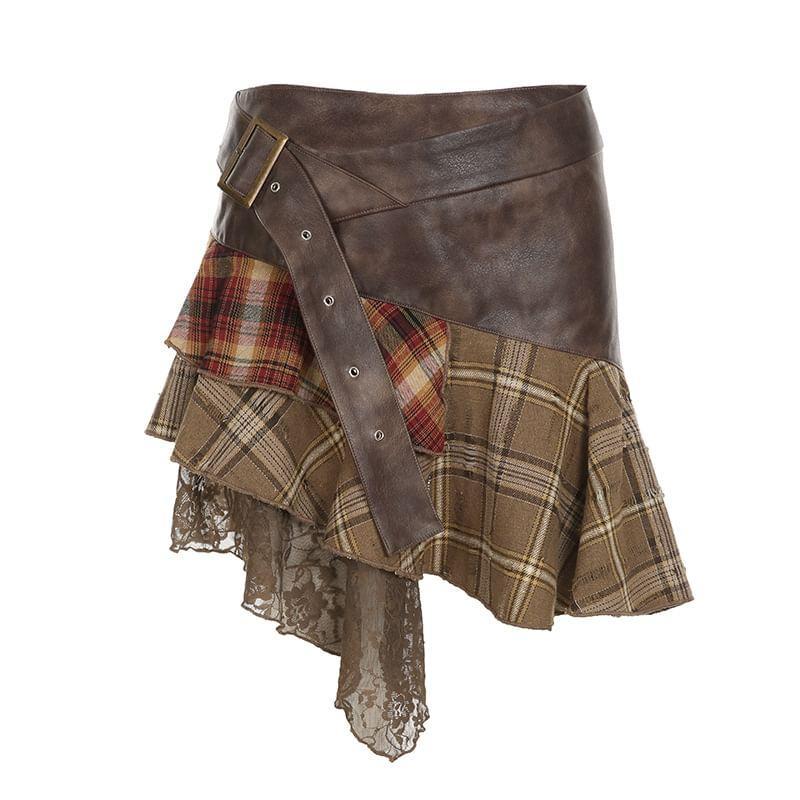 Low Rise Plaid Panel Asymmetrical Mini Skirt Product Image