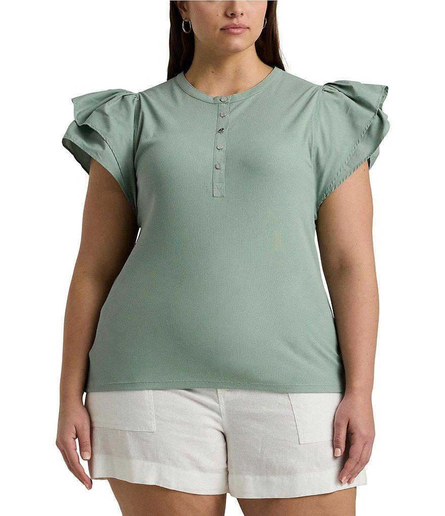 Lauren Ralph Lauren Plus Size Stretch Knit Short Flutter Sleeve Henley Top Product Image