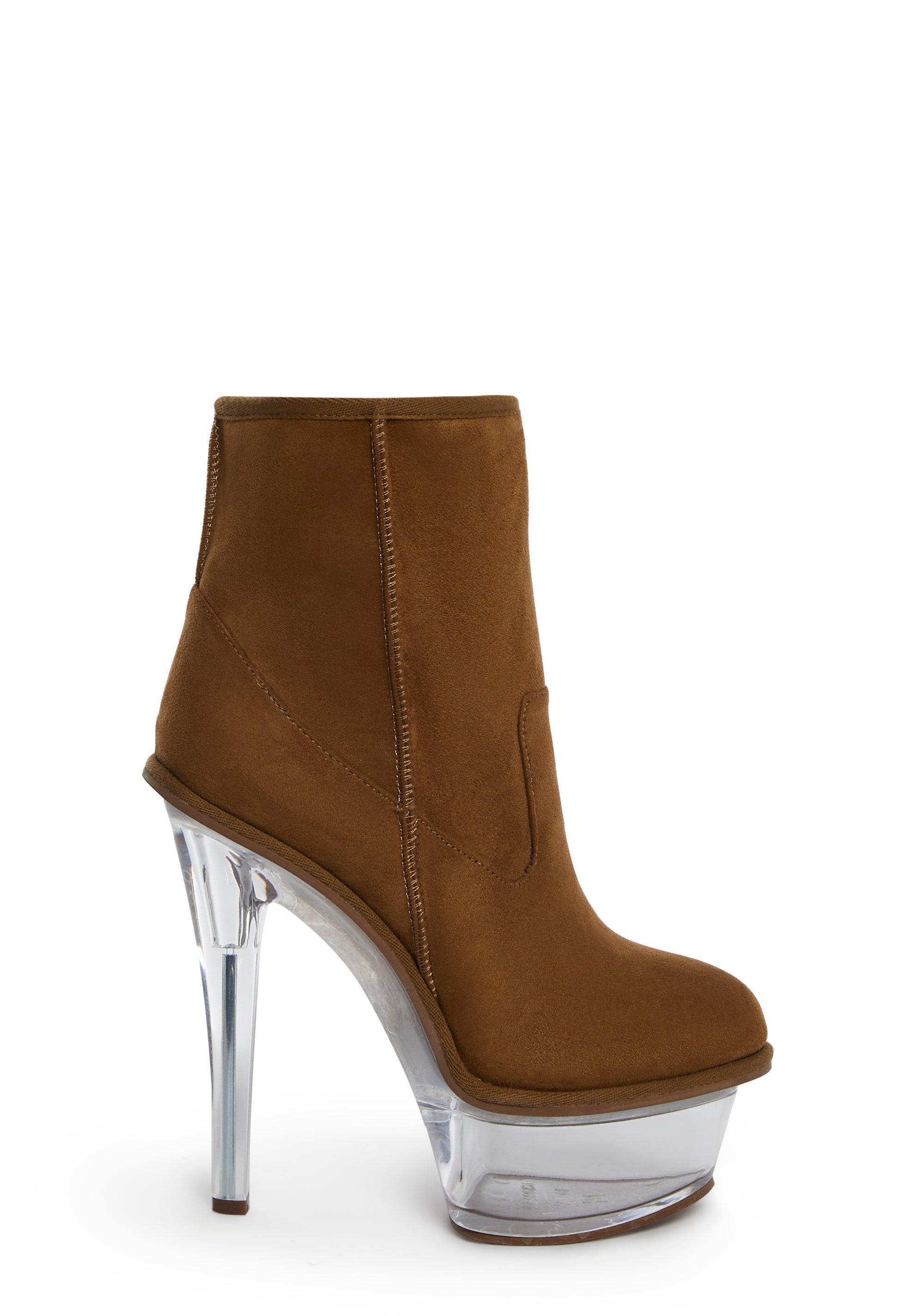 Suede Shearling Fleece Clear Stiletto Heeled Platform Boots Darker Wavs - Brown Product Image