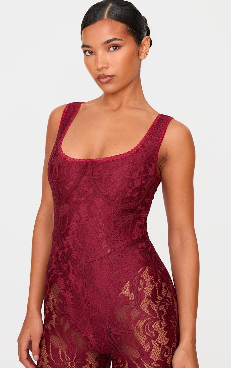 Burgundy Lace Boning Detail Flared Jumpsuit Product Image