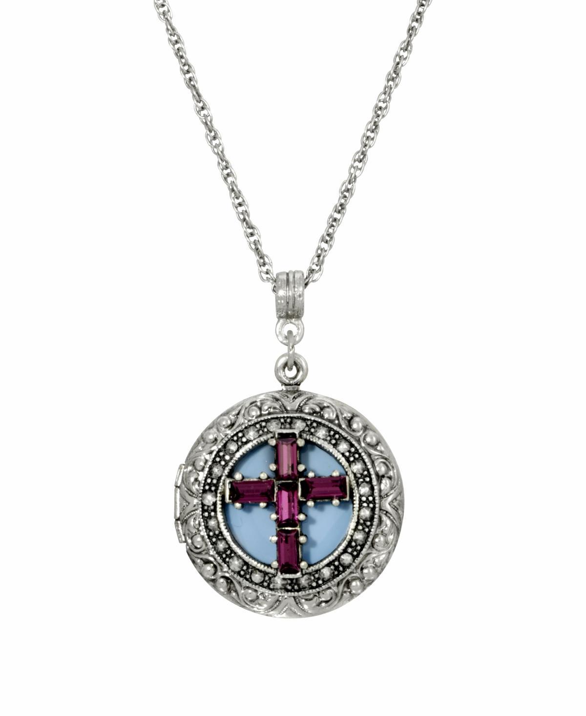 1928 Purple Crystal Cross Locket Necklace, Womens, Blue Product Image