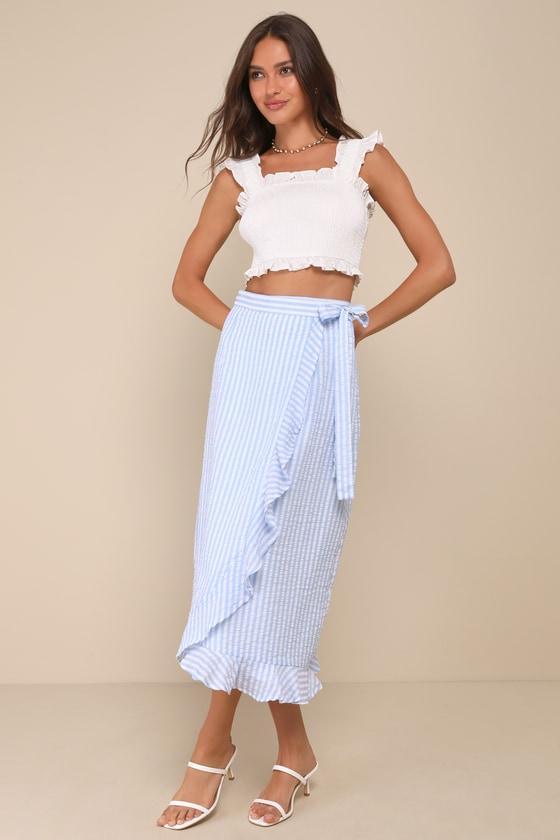 Effortlessly Sunny Blue and White Striped Wrap Midi Skirt Product Image