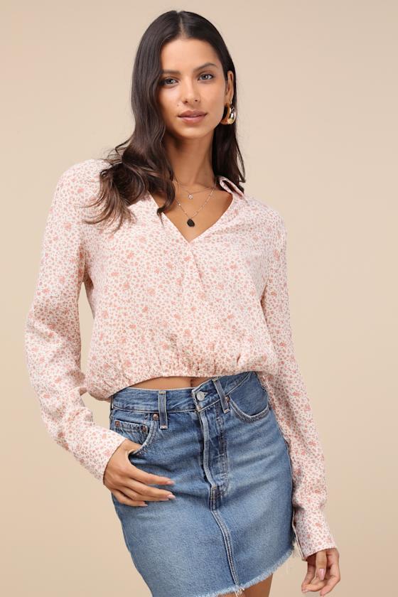 Convincingly Darling Ivory Floral Collared Long Sleeve Top Product Image