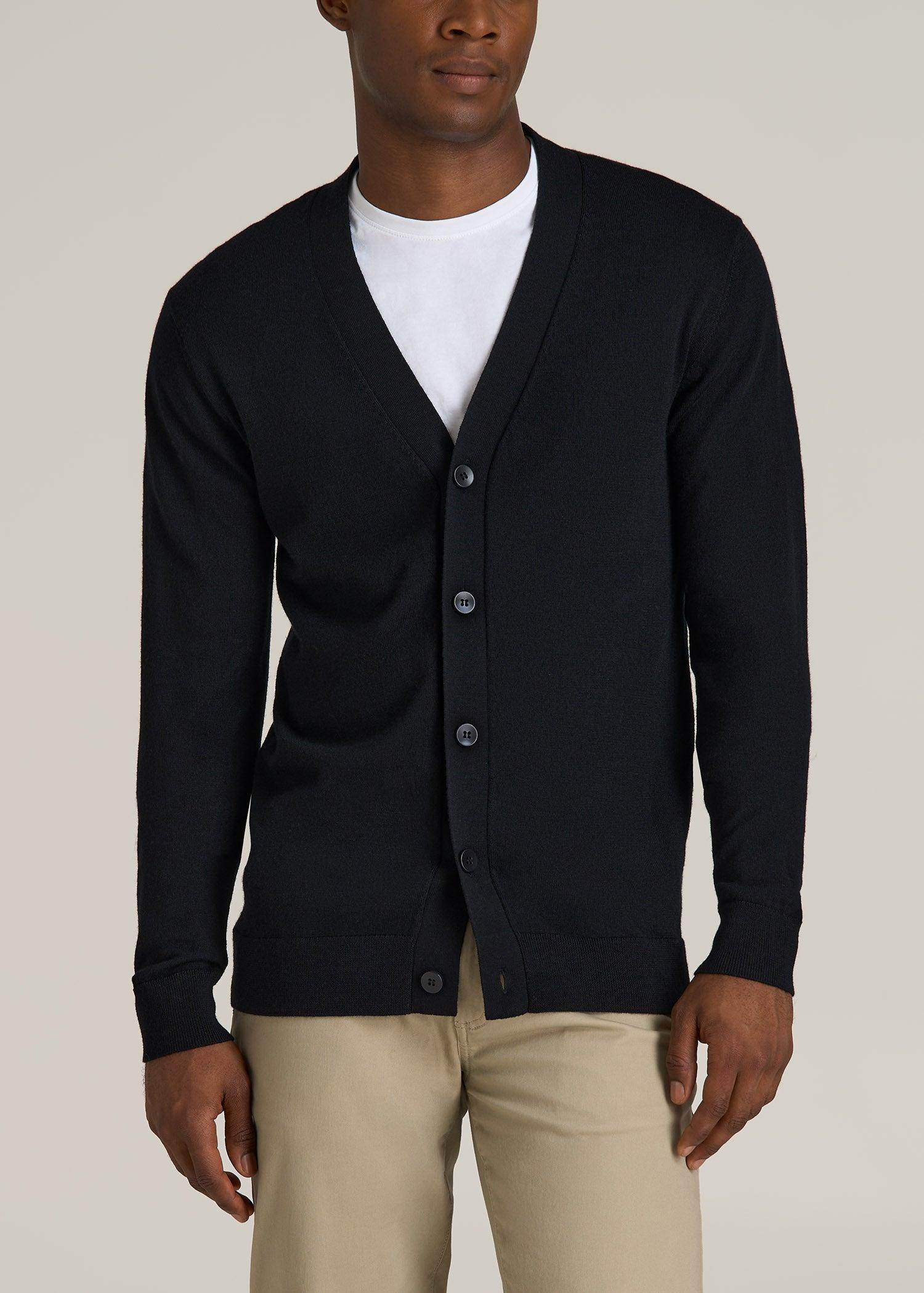 Merino Wool Cardigan Sweater for Tall Men in Black Product Image