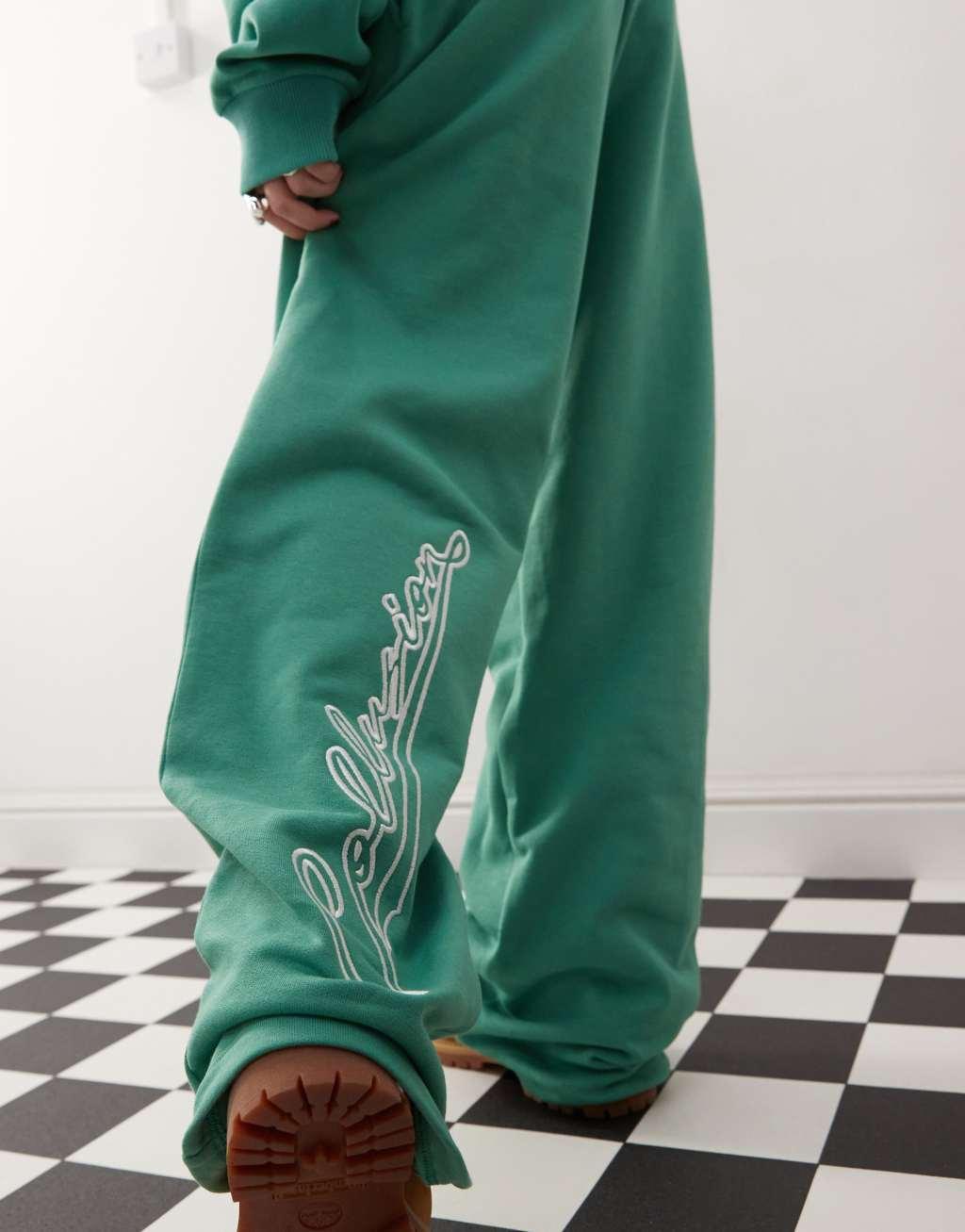 COLLUSION oversized sweatpants with embroidery in green - part of a set Product Image