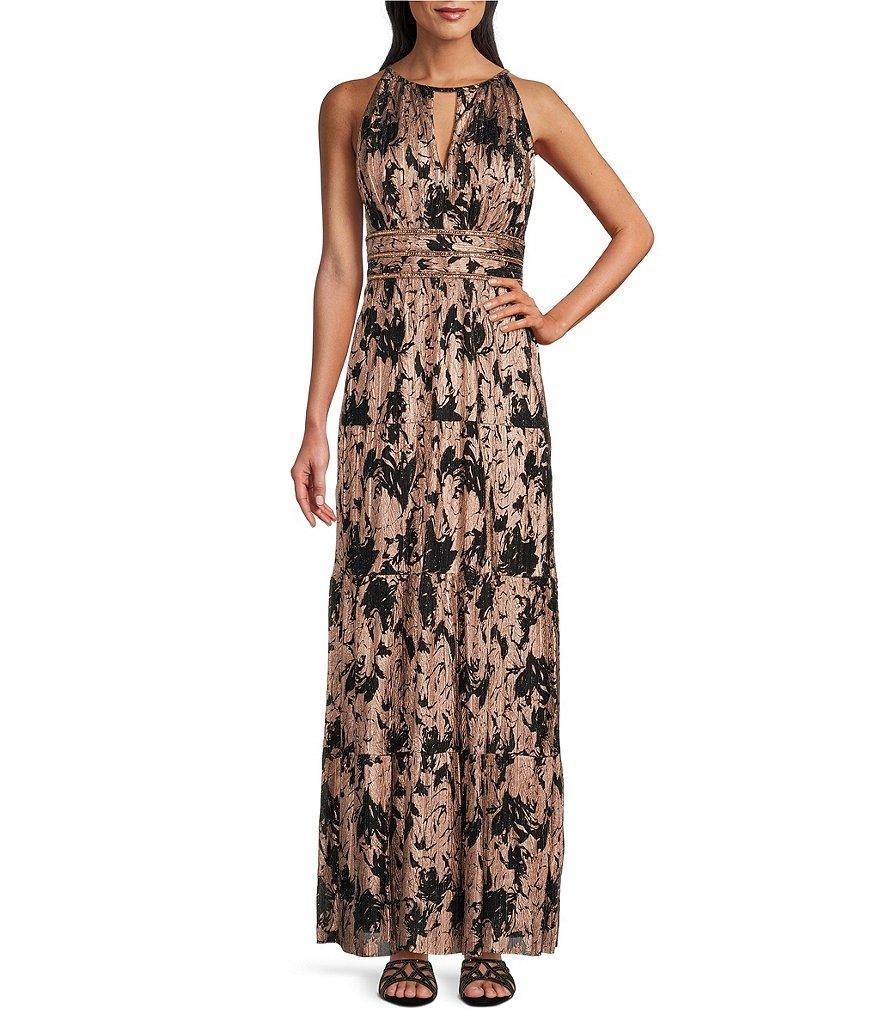 R & M Richards Foil Mesh Print Pleated Foil Printed Sleeveless Keyhole Halter Neck Dress Product Image