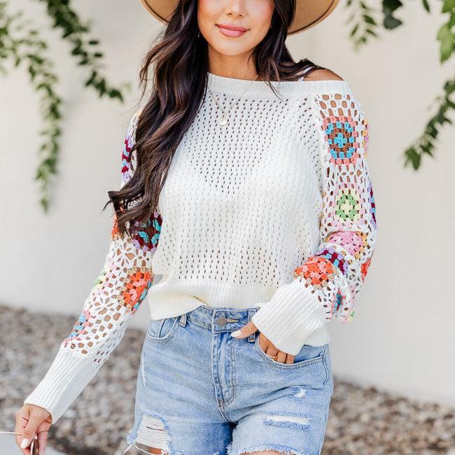 A Wonderful Life Ivory Multi Crochet Sleeve Sweater  FINAL SALE Product Image