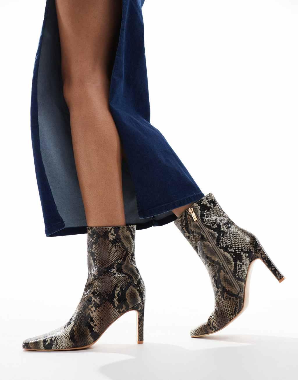 Public Desire Polaris square toe heeled ankle boots in snake Product Image