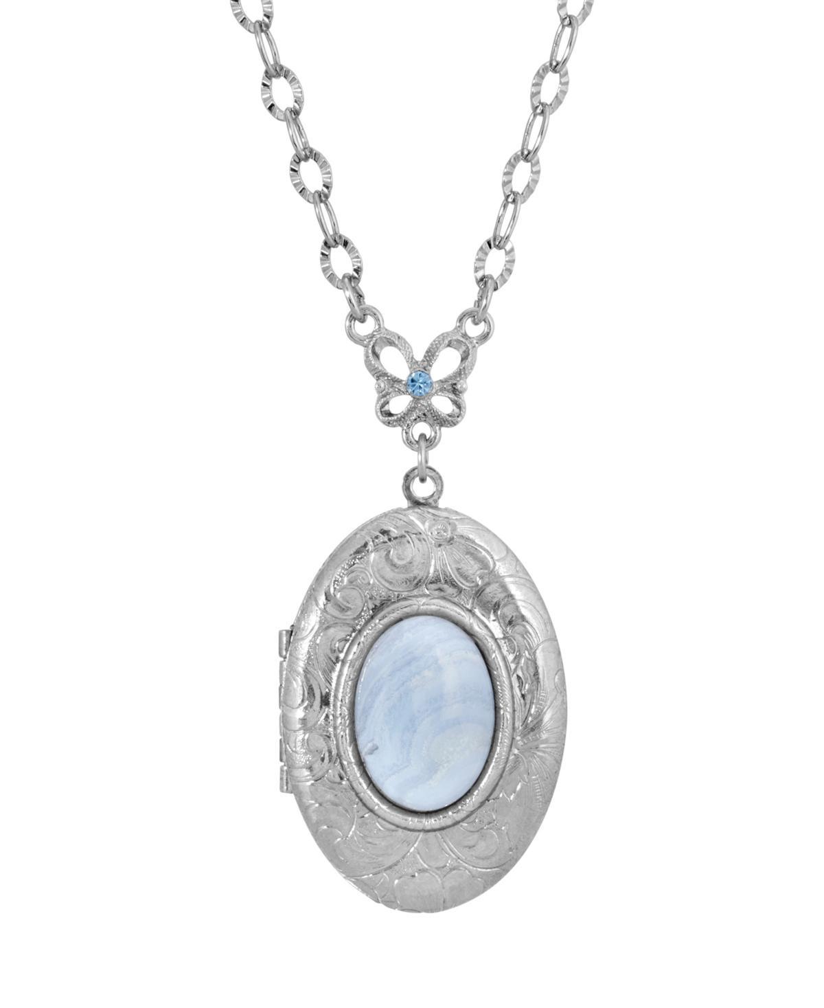 1928 Silver-tone Blue Lace Agate Oval Locket Pendant Necklace, Womens Product Image