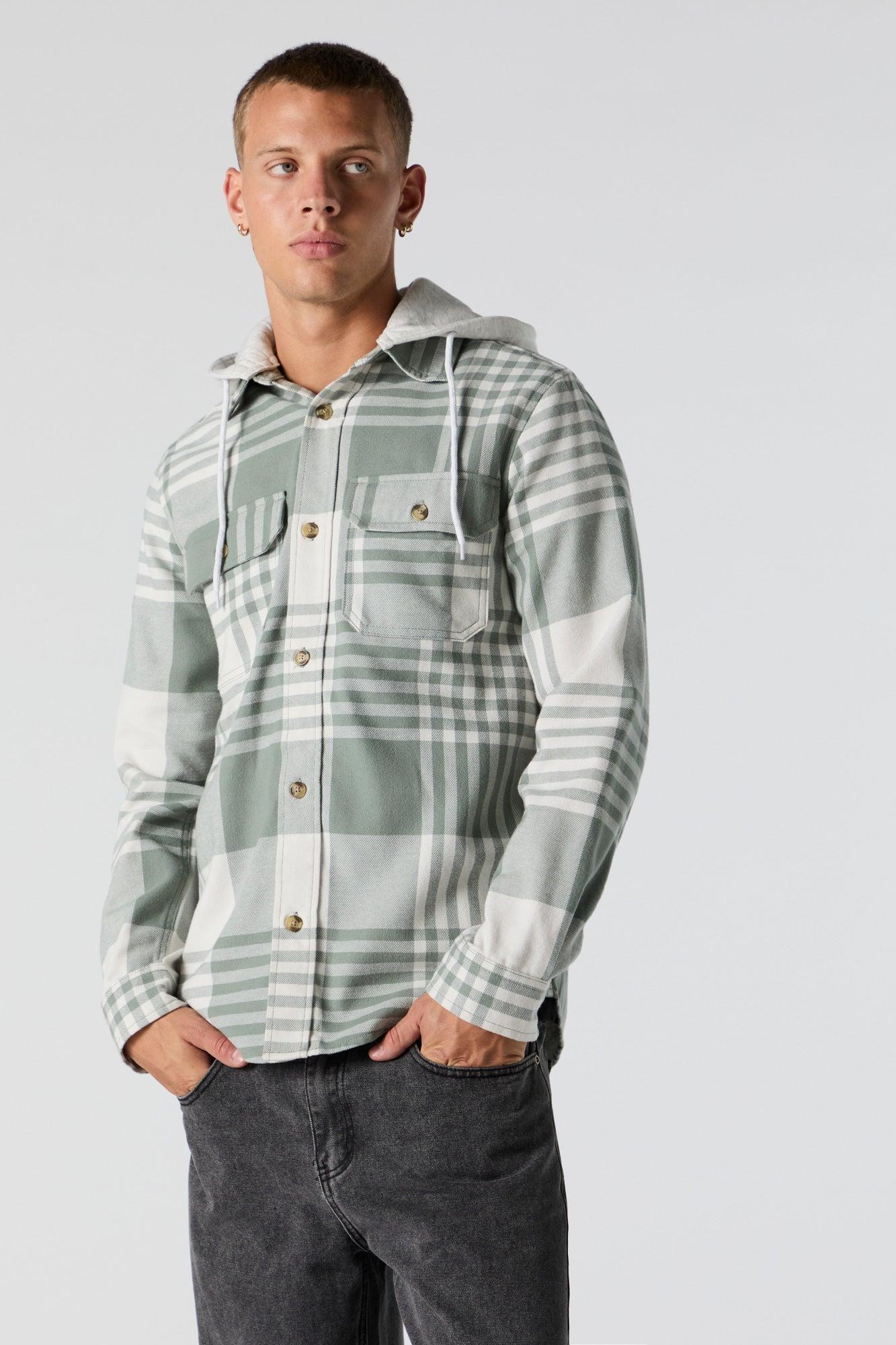 Plaid Hooded Flannel Long Sleeve Top Male Product Image