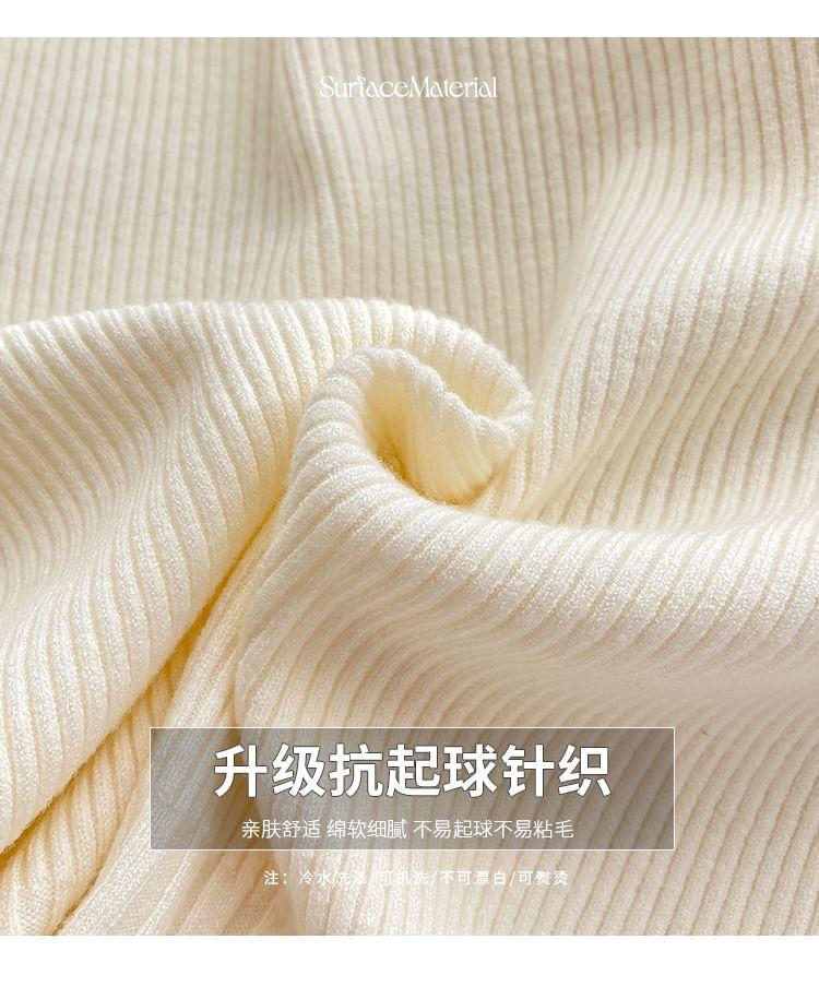 Long-Sleeve Crew Neck Plain Ribbed Knit Top Product Image