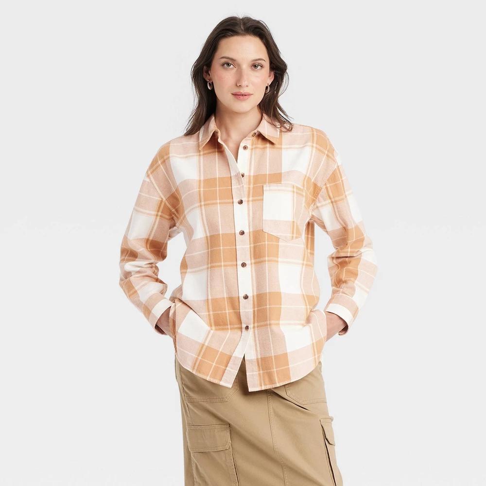 Womens Oversized Flannel Long Sleeve Collared Button-Down Shirt - Universal Thread Brown Plaid L Product Image