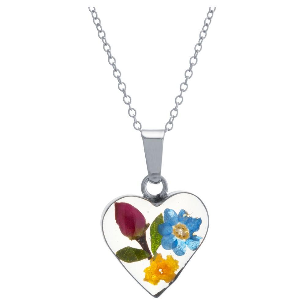 Womens Sterling Silver Pressed Flowers Small Heart Chain Pendant Necklace (18) Product Image