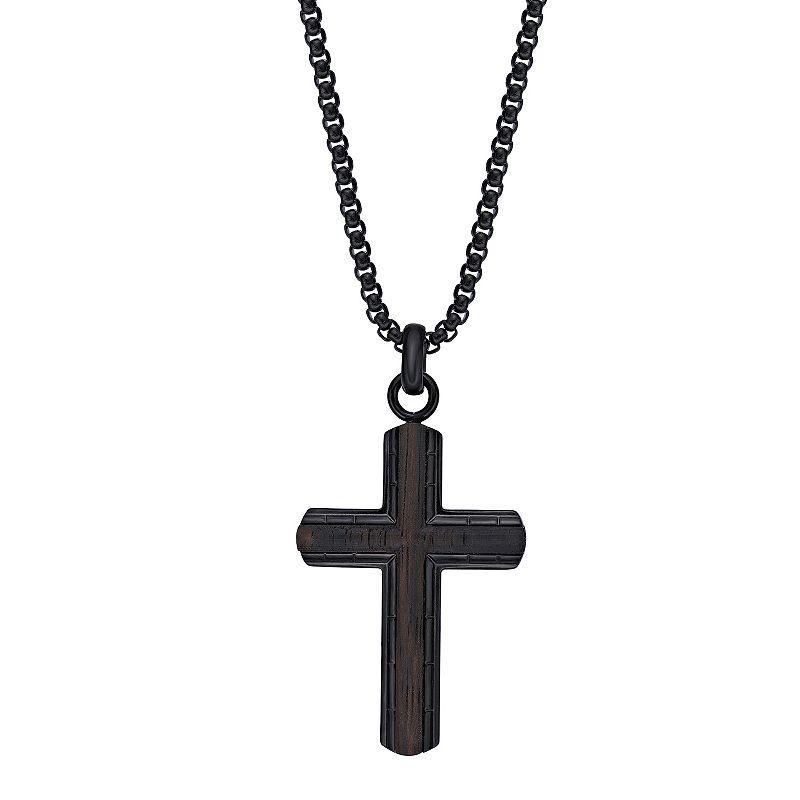 Mens LYNX Black Ion Plated Stainless Steel & Ebony Wood Cross Pendant Necklace Multicolor Product Image