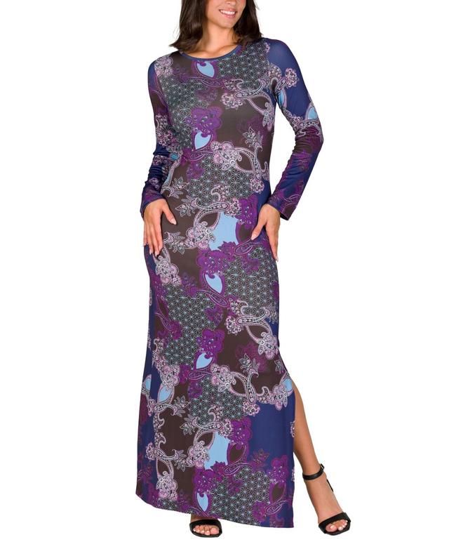 24seven Comfort Apparel Womens Purple Paisley Long Sleeve Side Slit Fitted Maxi Dress Product Image