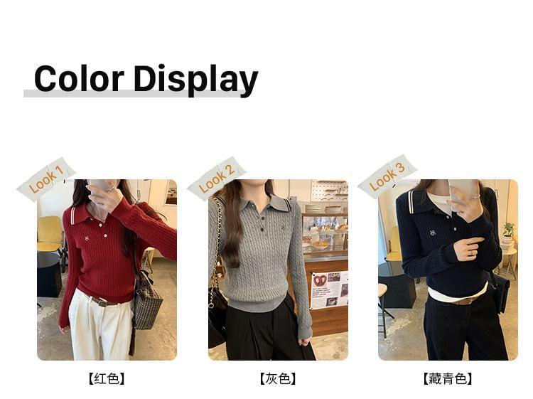 Collar Letter Embroidered Cable-Knit Sweater Product Image