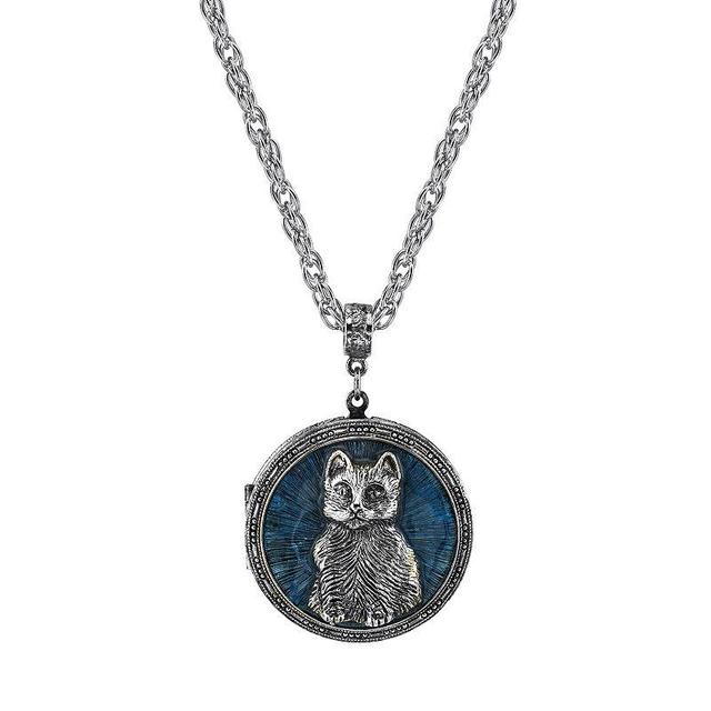 1928 Jewelry Antiqued Pewter Cat Locket Pendant Necklace, Womens, Blue Product Image