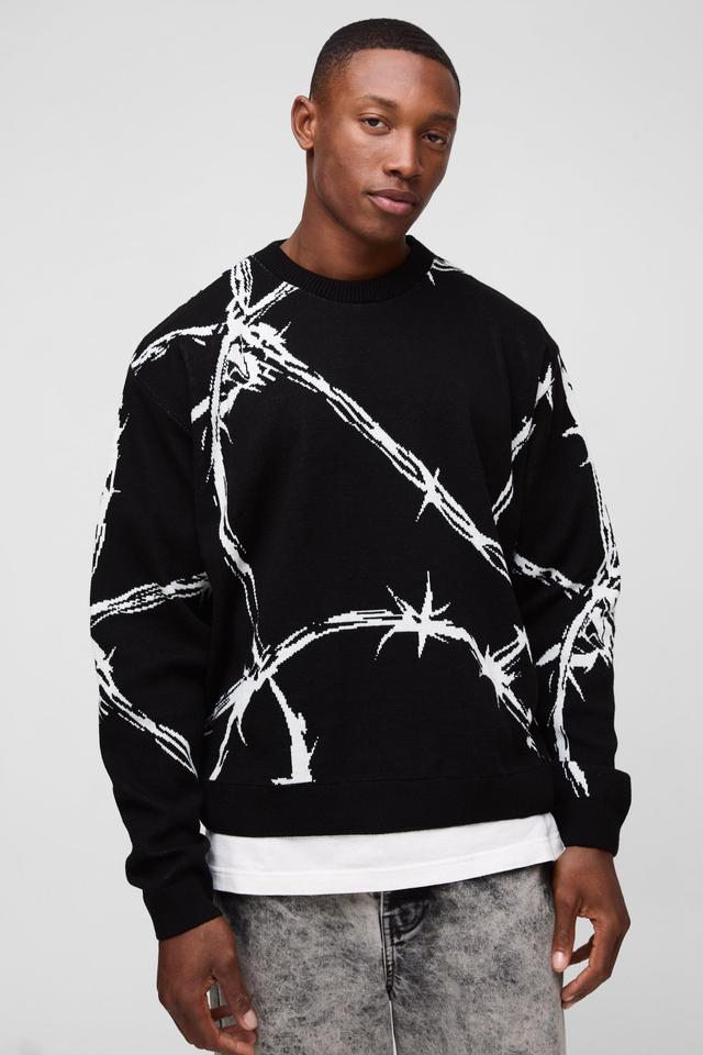 Oversized Boxy Barbed Wire Jacquard Knitted Sweater | boohooMAN USA Product Image