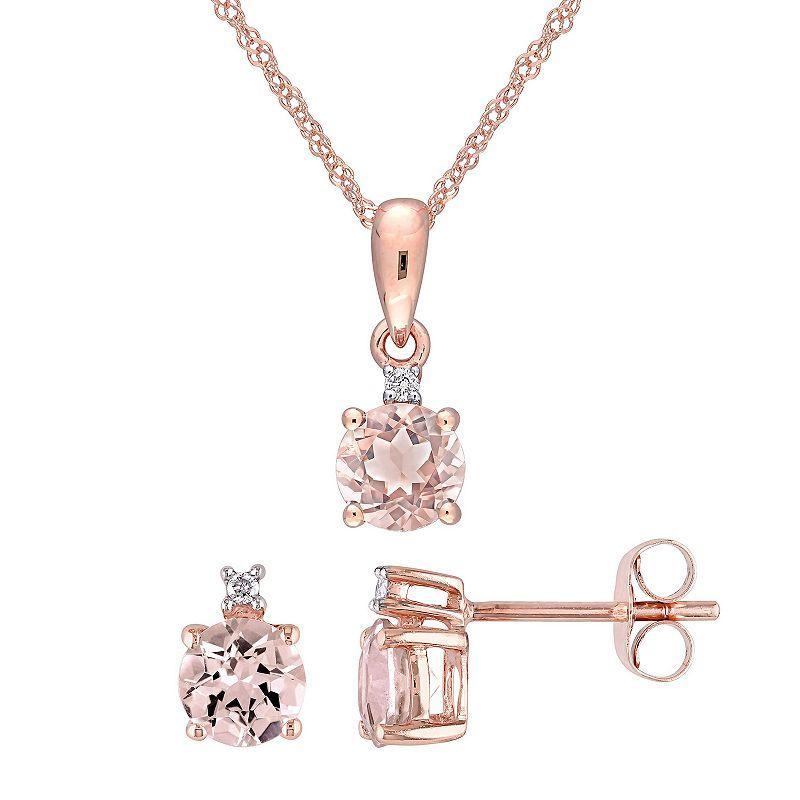 Stella Grace 10k Rose Gold Morganite & Diamond Accent Pendant Stud Earring Set, Womens Pink Product Image