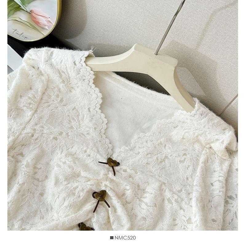 Bell-Sleeve V-Neck Lace Blouse Product Image