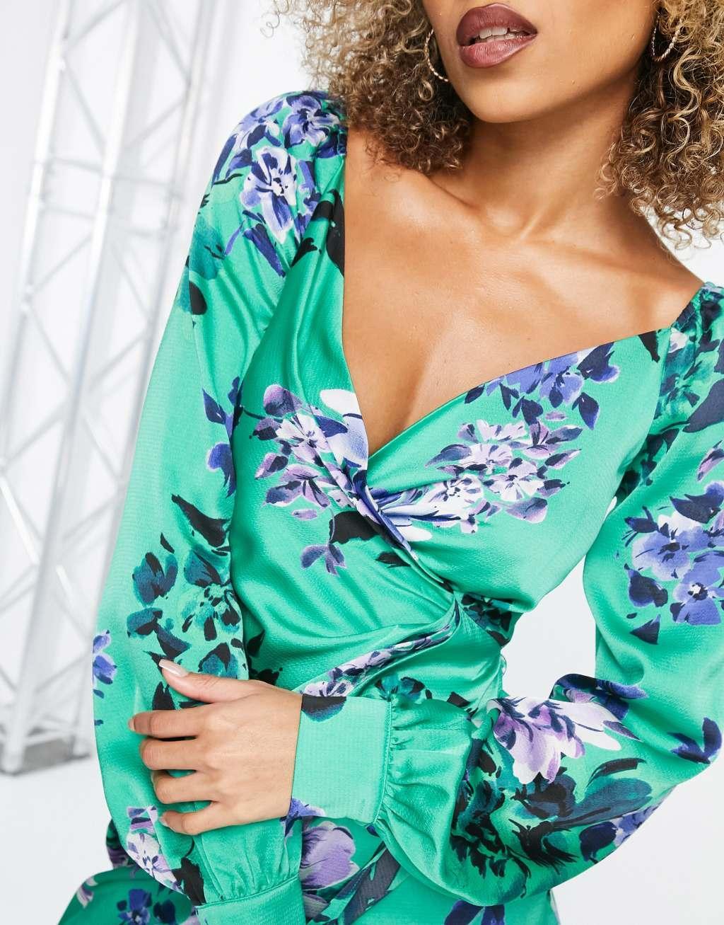 Liquorish satin wrap maxi dress with blouson sleeve in green floral print Product Image