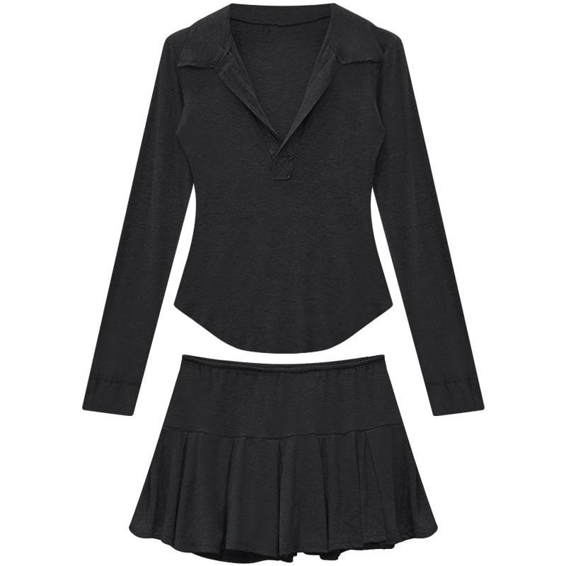 Set: Long-Sleeve Collared Plain Ruched Polo Shirt + Mid Waist Mini A-Line Skirt Product Image