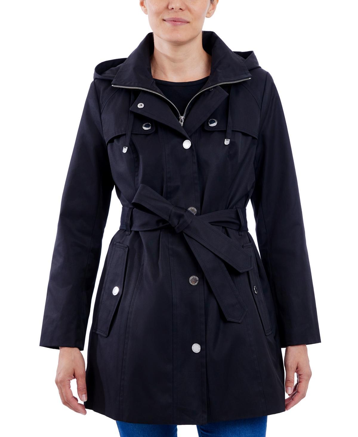 London Fog Womens Hooded Belted Zip-Front Raincoat Product Image