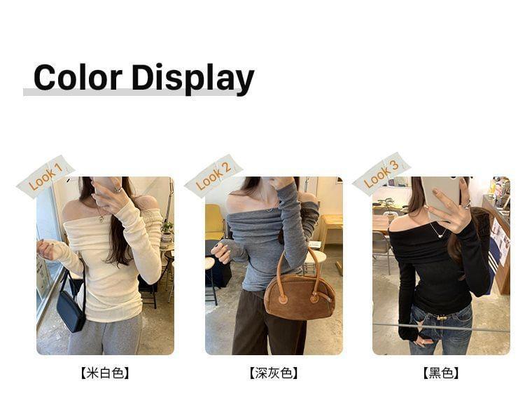 Long-Sleeve Off Shoulder Plain Knit Top Product Image