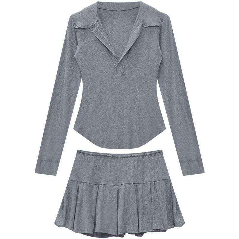 Set: Long-Sleeve Collared Plain Ruched Polo Shirt + Mid Waist Mini A-Line Skirt Product Image