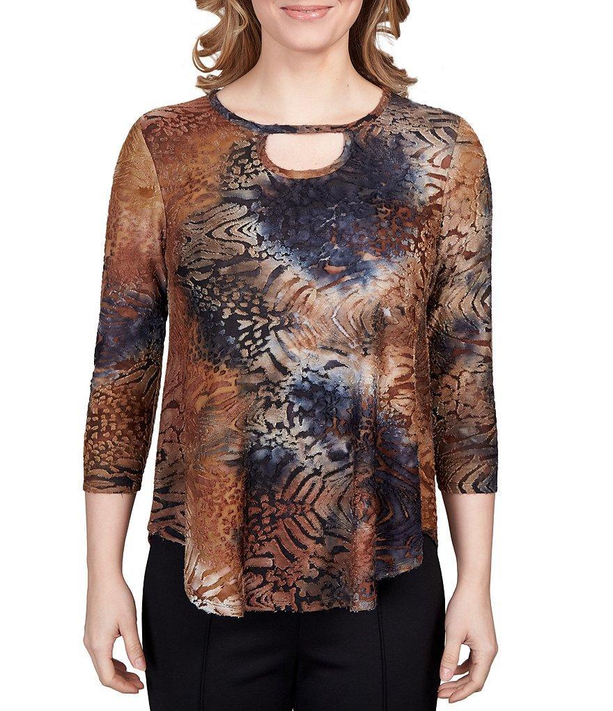 Ruby Rd. Petite Size Tie Dye Animal Print Burnout Knit Cut-Out Keyhole Neck 3/4 Sleeve Top Product Image