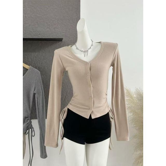 Long Sleeve V-Neck Plain Side-Drawstring Slim-Fit Button-Up Top Product Image