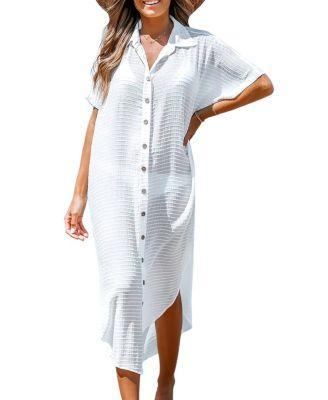 Cupshe Womens White Collared Front Button Maxi Cover-Up Product Image