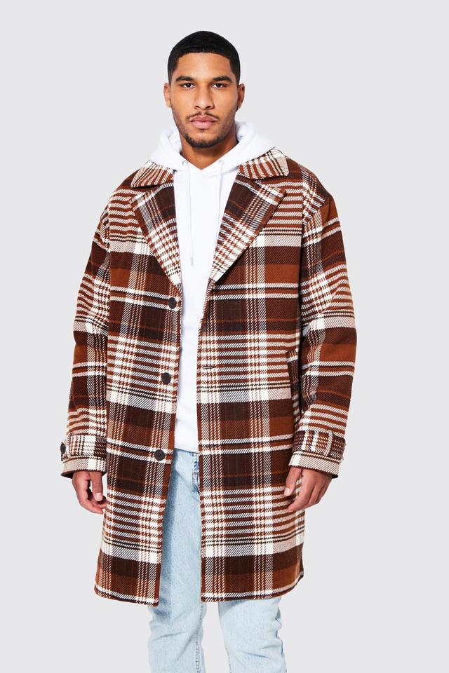 Tall Wool Look Check Single Breasted Overcoat | boohooMAN USA Product Image