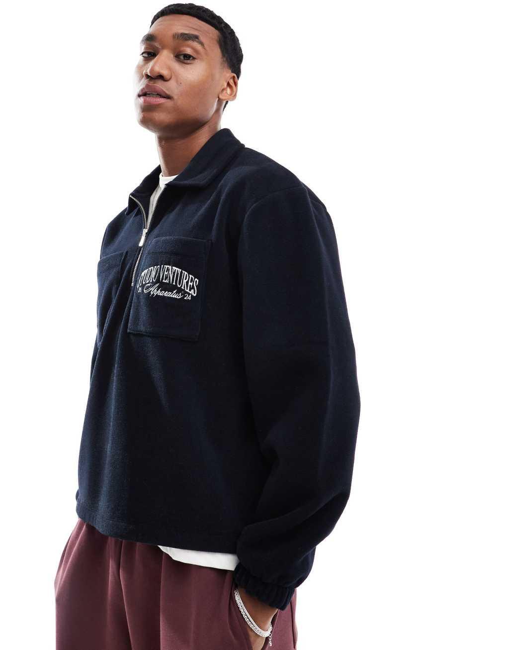 ASOS DESIGN boxy oversized fleece polo sweatshirt with embroidery in navy Product Image