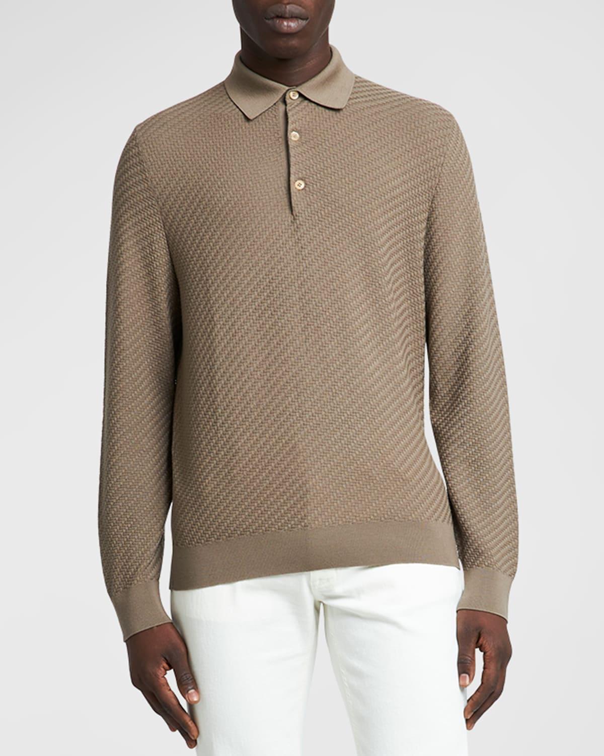 Mens Basketweave Knit Polo Sweater Product Image