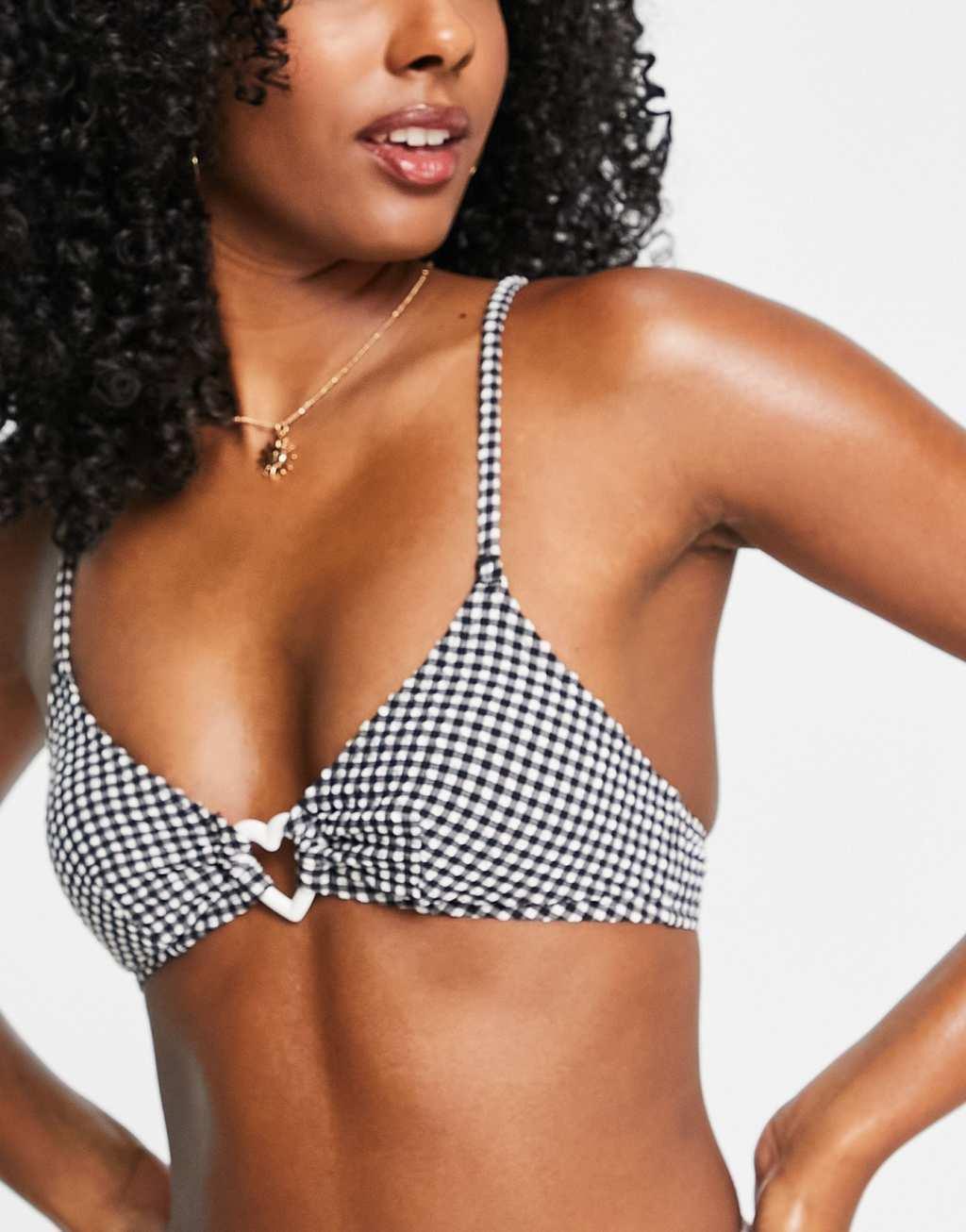 Monki polyester heart ring bikini top in black gingham - BLACK Product Image