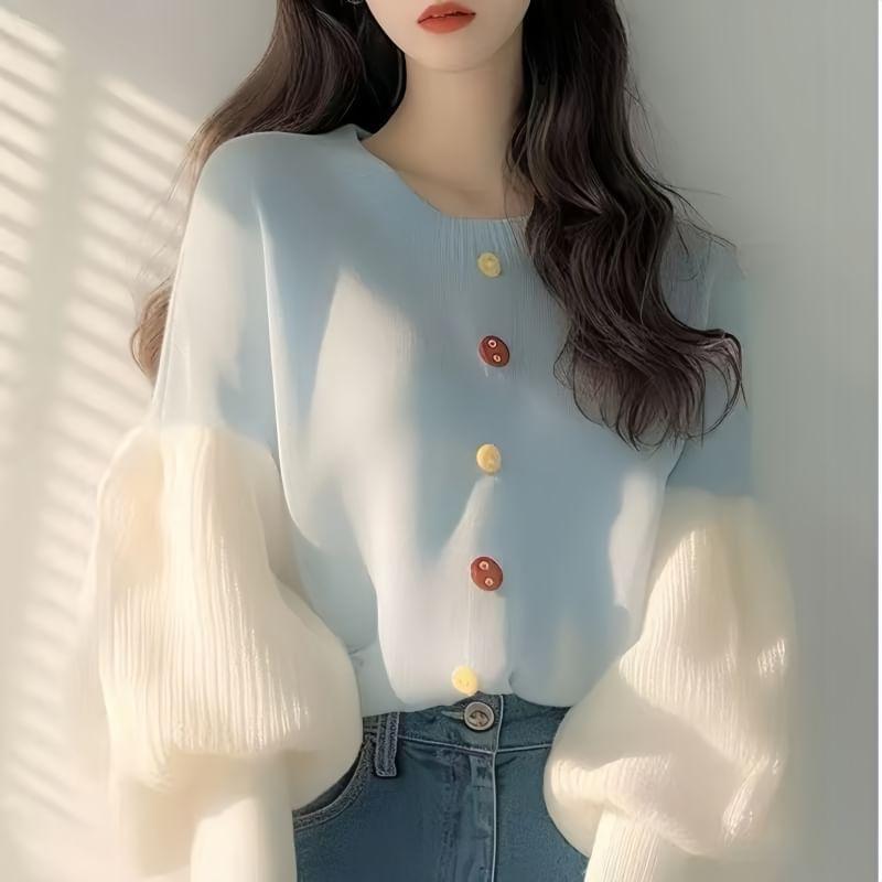 Balloon-Sleeve Crewneck Plain Sweater Product Image